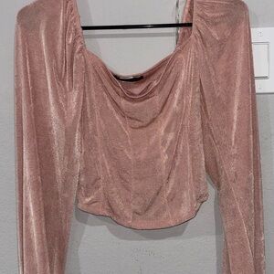 Women's Shimmery Rose Pink Draped Neck Long-Sleeve Top